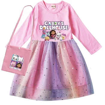 Gabby Dollhouse Kediler Elbise Çocuklar Düğün Parti Pullu Elbise Bebek Kız Uzun Kollu Elbiseler Küçük Çanta ile Doğum Günü Hediyeleri Vestido
