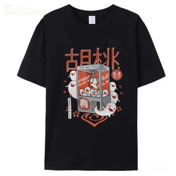 Genshin Darbe T Shirt %100 % Pamuk Hu Tao Hayalet Karikatür Vintage Baskı Yaz Kısa Kollu Bayan Üstleri Harajuku Unisex Gevşek Tees