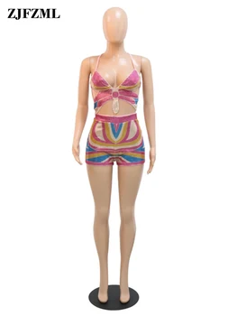 Geometrik Pullu İki Parçalı Set Kadın Seksi Kaşkorse Çapraz Backless Kırpma Üst ve Gece Yarısı Yüksek Bel Şort Baştan Çıkarıcı Parti Takım Elbise