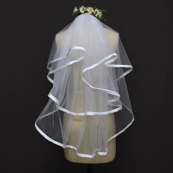 Gerçek Fotoğraflar Şerit Kenar İki Kat Kısa 0.9 Metre düğün duvağı Tarak ile Güzel Mini Gelin Peçe Düğün Aksesuarları