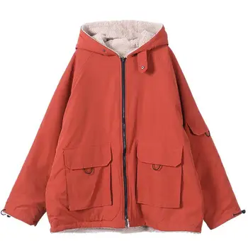 Gevşek Rahat Kapşonlu pamuklu ceket Kadınlar 2021 Yeni Sonbahar Kış Kuzu Yün Cep Pamuk Kış Ceket Kadınlar