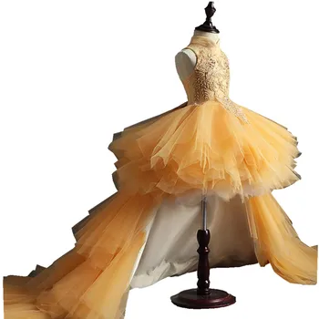 Glizt Uzun Firar Altın Dantel İlk Communion Elbise Boncuk Tül Balo Kızlar Pageant elbise Çiçek Kız Elbise Düğün İçin
