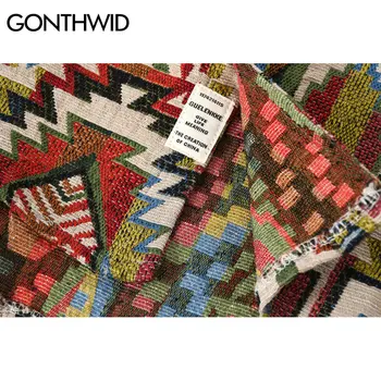 GONTHWID Ulusal Tarzı Örme Geometrik Desenler Renk Blok Düğme Gömlek Harajuku Rahat Uzun Kollu Tees Tops Streetwear