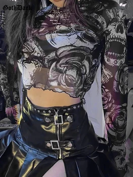 Goth Koyu Kafatası Merkezi Gotik Estetik Örgü T-shirt Grunge Estetik Emo Kadın Alt Elbise egirl Punk Seksi Fırfır İnce Kırpma Üstleri