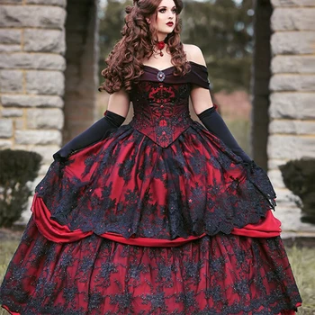 Gotik Ortaçağ Siyah Dantel Astar Bordo Akşam Elbise Seksi Kapalı Omuz Kadın resmi Elbiseler A-line robe de soirée de mariage