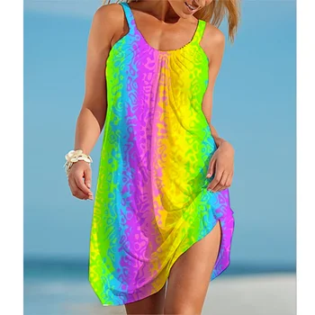 Gökkuşağı Boyama Baskı kadın Moda Elbise Midi Yaz Seksi Plaj Elbise Bohemian Kolsuz Parti Elbiseler Zarif Sundress Hem