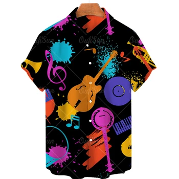Gömlek erkekler için Hawaii Gömlek Vintage Gitar Müzik Desenleri 3D Baskılı Üstleri Yaz Hip Hop Yaka Unisex Büyük Boy рубазка