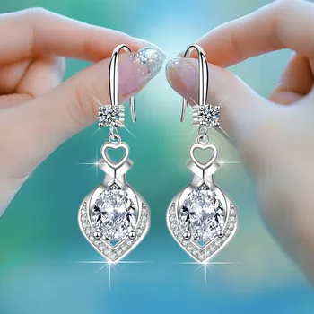 Gümüş Renk Lüks Kristal Kalp Küpe Yeni Moda Klasik Kore Takı Yüksek Kalite