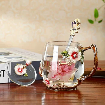 Güzellik Emaye Kristal Cam Bardak çiçek çayı Kupa Yüksek dereceli Cam Su Bardağı ve Kupa Grip Bölümü ile Sevgilisi için Mükemmel Hediye Düğün