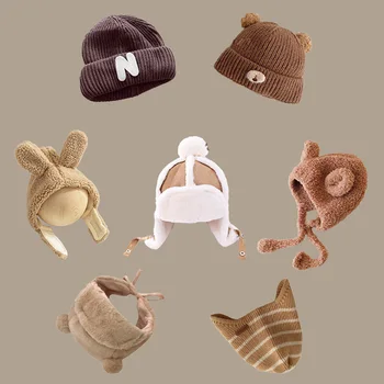 Haki Kış Bebek Şapka Kış Kulaklığı Pom Pom Çocuklar Bere Kapaklar Polar Astar Yürümeye Başlayan Kaput Şapka Erkek Kız Bebek Aksesuarları 1-4Y
