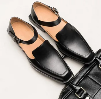 Hakiki Deri Sandalet Yaz Erkek Elbise Ayakkabı Moda Kare Ayak iş sandalet İçi Boş Nefes İngiliz Trend erkek Sandalet