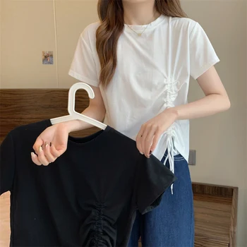 Harajuku katı Kadın T-Shirt Kısa Kollu Elbise Yaz Tee gömlek genç Kız tee Gömlek Gençler ipli düzensiz tasarım tops