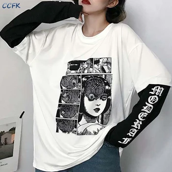 Harajuku tişört Kadın Japon Fujiang Korku Çizgi Roman Uzun Kollu Gömlek Sahte 2 Adet Baskı Üst Hip Hop Streetwear Emo Elbise