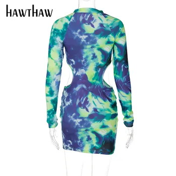 Hawthaw Kadın Moda Sonbahar Uzun Kollu Hollow Out Baskılı Bodycon Paket Kalça Mini Elbise 2021 Sonbahar Kadın Giyim Streetwear