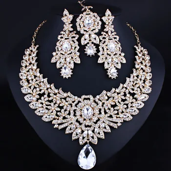 HB75 dubai mücevher seti Küpe Kadınlar için Gelin Aksesuarları Düğün Kolye Hint Gelin Takı Kristal Alın Headdress
