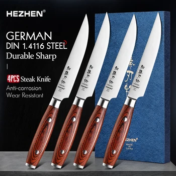 HEZHEN 4 ADET biftek bıçağı Seti Paslanmaz Çelik Jilet Keskin Bıçak Şef Kesme Aletleri Alman DIN1. 4116 Çelik