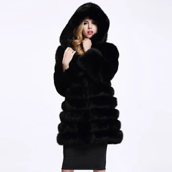 HJQJLJLS 2021 Kış Yeni Kadın Uzun Kürk Kapşonlu Kadın Kalın Sıcak Kabarık Taklit Kürk Ceket Siyah Pembe Yapay Kürk Giyim