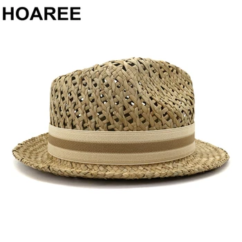 HOAREE Erkek Kadın Hasır güneş şapkası İngiliz Tarzı Fötr Şapka Yaz Plaj El Örgü Hollow Out Casual Unisex Porkpie Caz Şapka