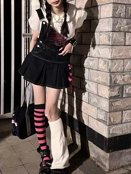 HOUZHOU Harajuku Y2k Denim kemerli elbise Kadın Yaz Japon Moda Kawaii Patchwork Pembe Bandaj Mini Elbise Kız Streetwear