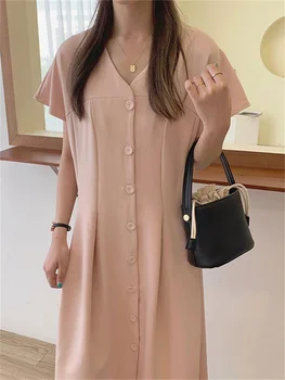 HziriP Normcore Kadın V Yaka Elbise İş Yaz 2022 Yüksek Bel Sıcak Office Lady Şık Rahat Hafif Sağlam Uzun Vestidos Giymek