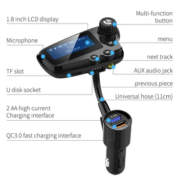Hızlı Şarj QC3. 0 USB araba şarjı Modülatör FM Verici Bluetooth 5.0 Handsfree Kablosuz Adaptör AUX TF MP3 Müzik Çalar