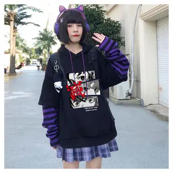 Iblis avcısı Anime Hoodie Nezuko Sahte İki Parçalı Kapşonlu Kadın Moda Kazak Kazak Siyah Streetwear Kızlar İçin Giysi