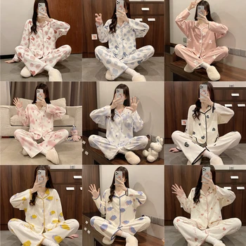 Ilkbahar Sonbahar Pijama Seti Kadınlar için İnce Pamuklu Moda Baskı Kadın Uzun Pijama Takım Elbise Ev Giysileri Kadın Kadın Pijama
