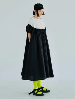 ımakokoni orijinal tasarım siyah ve beyaz renk eşleştirme gevşek orta uzunlukta elbise kadın yaz 223631