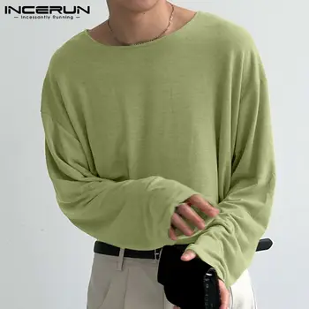 INCERUN 2022 Erkekler T Gömlek Yuvarlak Boyun Uzun Kollu Baggy Streetwear Temel Tee Üstleri Düz Renk Kore Casual Erkek Giyim S-5XL