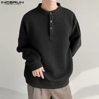 INCERUN Erkek Tişörtü Katı Standı Yaka Uzun Kollu Düğme Kore Rahat Hoodies Erkekler Streetwear 2022 Moda Kazak S-5XL