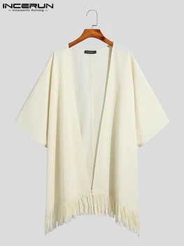 INCERUN Moda Erkek Gömlek Düz Renk Püskül Açık Dikiş 3/4 Kollu Uzun Tarzı Hırka Erkekler Kimono Streetwear Gevşek 2022 Camisas