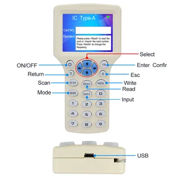 Ingilizce 10 Frekans RFID Teksir Fotokopi Yazıcı kart okuyucu Anahtar fobs Programcı USB KIMLIK IC 125 kHz 13.56 MHz Şifreli Decode