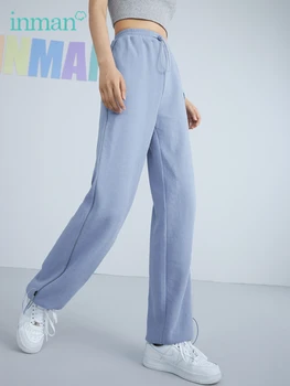 INMAN gündelik kadın pantolonları Bahar Sonbahar Spor Tarzı Yüksek Bel Waffle Ekose Doku Renkli Gevşek Tüm Maç Pantolon