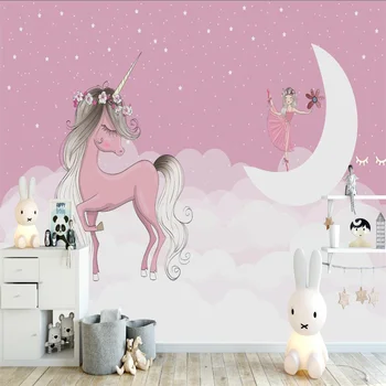 Iskandinav Pembe Unicorn Ay Kız Yıldız Beyaz Bulutlar çocuk Odası Arka Plan Duvar Kağıdı Çocuk Odası için Duvar Kağıtları Ev Dekor
