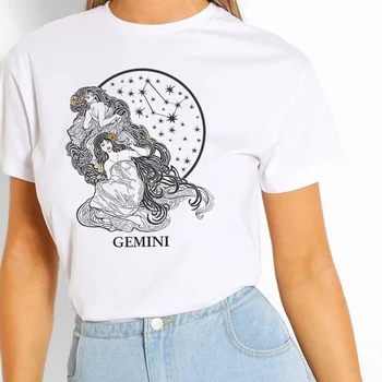 İkizler Takımyıldızı T Shirt Pamuk Kısa Kollu Sevimli Estetik kadın T-shirt Burç Kadın Rahat Gömlek doğum günü hediyesi