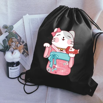 İpli Sırt Çantaları Sevimli Japon Kedi Baskı İpli Çanta Kalınlaşmak Taşınabilir saklama çantası Su Geçirmez saklama çantası Toptan