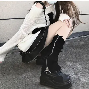 Japon Jk bacak ısıtıcıları Çizmeler Çorap Fermuar Uyluk Punk bacak ısıtıcıları kış botu manşetleri İsıtıcı Lolita Örgü Çorap Tüp örgü Çorap