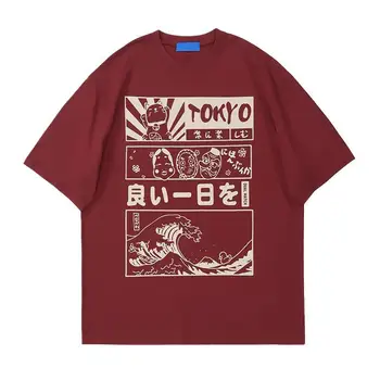 Japon Karikatür Vintage Grafik T Shirt Erkekler İçin %100 Pamuk Harajuku Anime Tee Gömlek Kısa Kollu Hip Hop Tişörtleri Kadınlar Genç