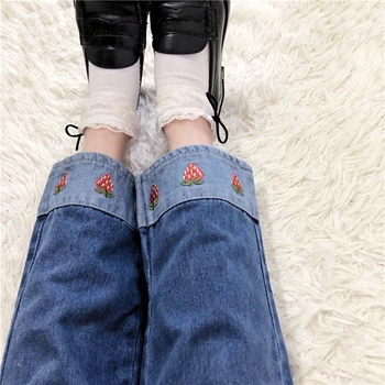 Japon Kawaii Çilek Bahar İşlemeli Jean Rahat Elastik Bel Gevşek Düz Demin Pantolon Kore Hotsell Kadın Pantolon
