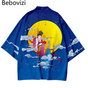 Japon Mavi Kimono Artı Boyutu Sazan Çin Tarzı Moda Plaj Mujer Elbise Hırka Erkek Gömlek Yukata Haori kadın giyim