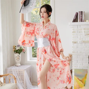 Japon Sakura Kız Kimono Elbiseler Obi Kadınlar İçin Kawaii Yukata Seksi Uzun Elbiseler Çiçek Kadın Şifon Japonya Tarzı Pijama Partisi