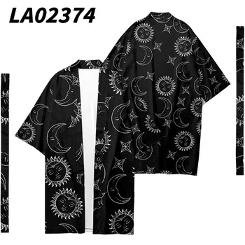 Japon Siyah Güneş Ay Baskı Kimono Kemer Hırka Gevşek Üstleri Rahat Ceket Yukata Erkekler Kadınlar Asya Giyim