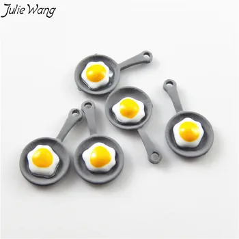 Julie Wang 5 ADET Kızarmış Yumurta Kahvaltı Gıda Sarı Beyaz Güneşli Tarafı Gri Alaşımlı Tava Kolye Charm DIY Avrupa Takı