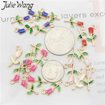 Julie Wang 8 ADET Emaye Gül Charm Çiçekler Pembe Kırmızı Mavi Alaşım Kolye Bilezik Küpe Takı Yapımı Aksesuar