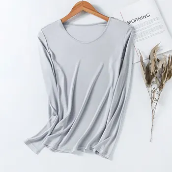 Kadın 50 % İpek %50 % Viskon Uzun Kollu Düz Renk T-Shirt dip gömlek taban gömlek fanila termal üst SS301