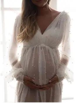 Kadın Annelik Fotoğraf Çekimi V Yaka Uzun Kollu Hamile Fotoğraf Sahne Uzun Maxi Elbise