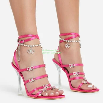Kadın Ayakkabı Kare Ayak Yüksek Topuk Kadın Sandalet Kristal Yay Kolye Şeffaf Topuk Slingback Toka Sabitleme Ayak Bileği Kayışı 34-43