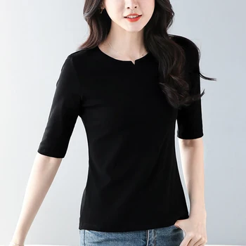 Kadın Bahar yazlık t-shirt V YAKA Siyah Beyaz kadın bluzları Yarım Kollu Pamuklu kadın Giyim Temel Kadın Gömlek