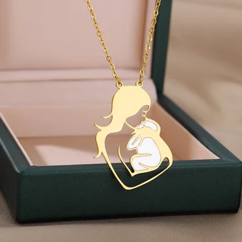 Kadın Bebek Anne Paslanmaz Çelik Altın Renk Zincir Kolye Çift Aşk Kalp Kolye Mujer anneler Günü noel hediyesi Takı