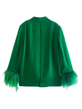 Kadın Blazer Takım Elbise Yeşil Tüy Blazer Kadın 2022 Uzun Kollu Blazer Setleri Şık Düğme sonbahar Ceket Blazers Kadınlar